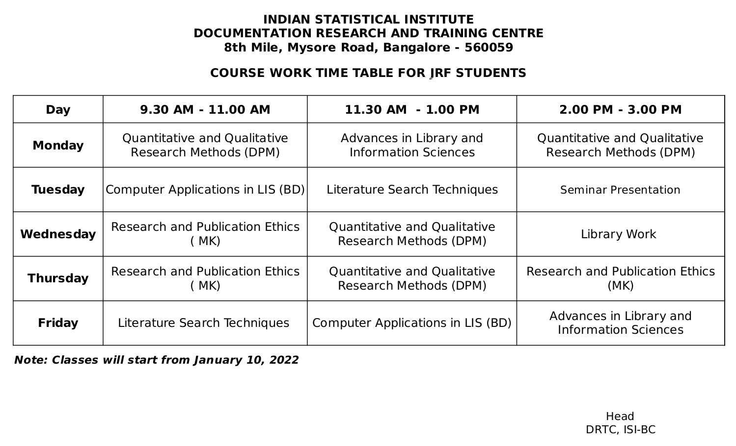 JRF Coursework Time Table